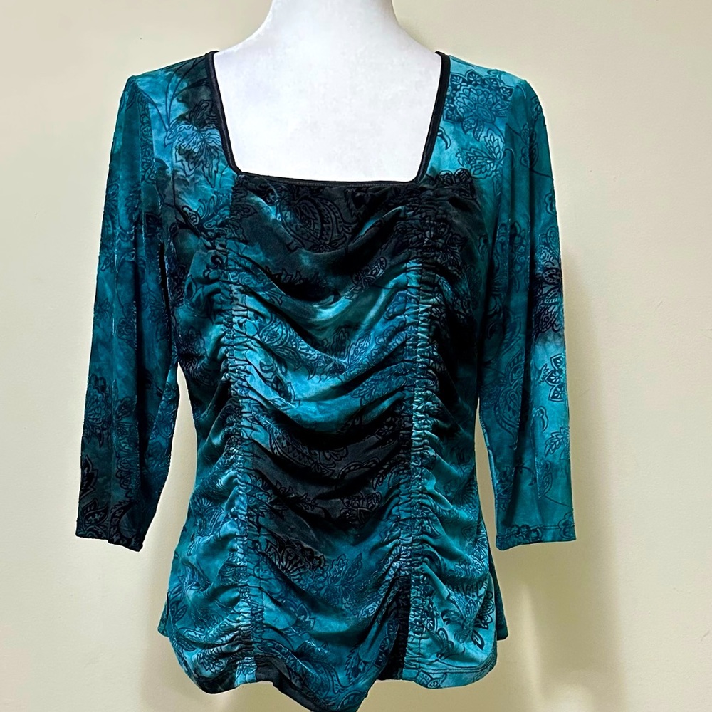 Sami & Jo Blue Green w Black Square Neckline Ruched Down Front Blouse Top LP - Picture 3 of 15